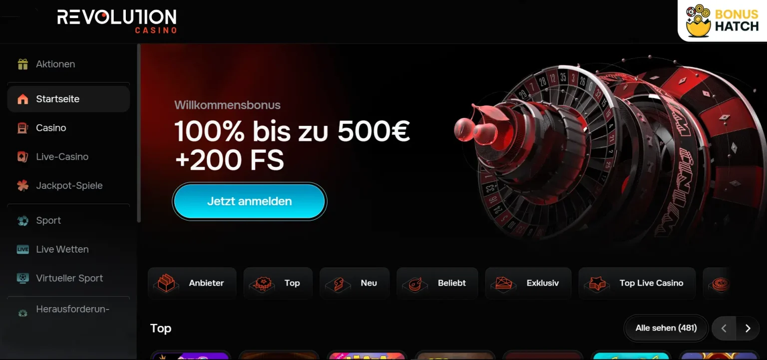 revolution casino 100 free spins
